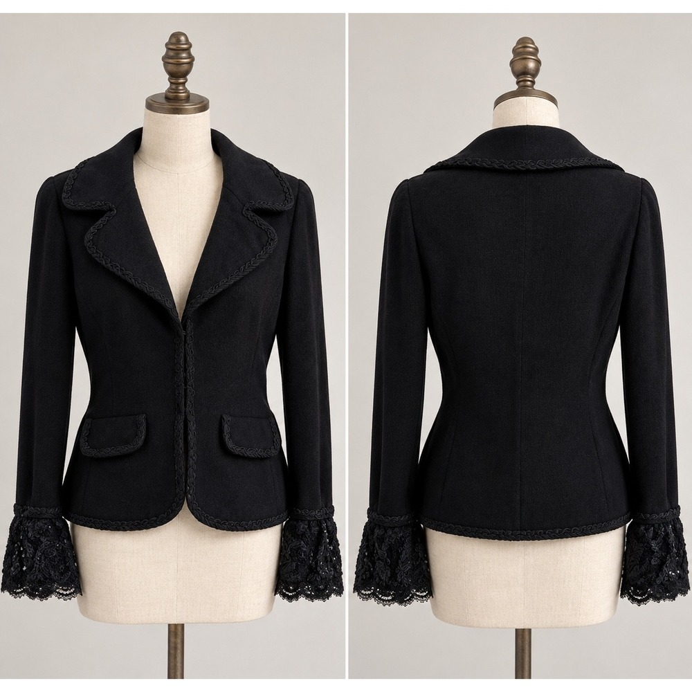 Escada Vintage Black Virgin Wool Knit Jacket French Lace Cuffs Size 40 Italy